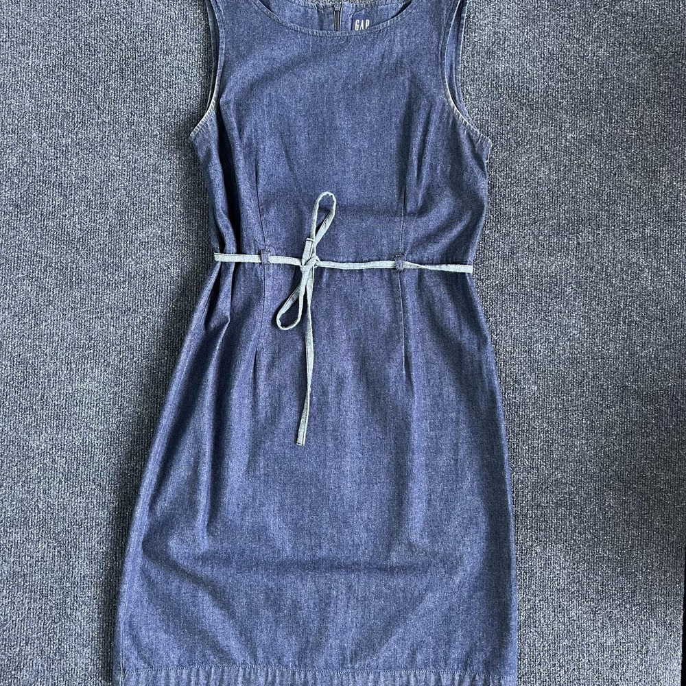 Vintage‎ 90s Gap Dress Womens 8 Blue Denim Sleeveless Belted Sheath Short Casual